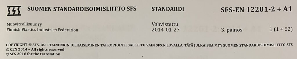 Standardin SFS EN 12201 2 etusivun yläosa